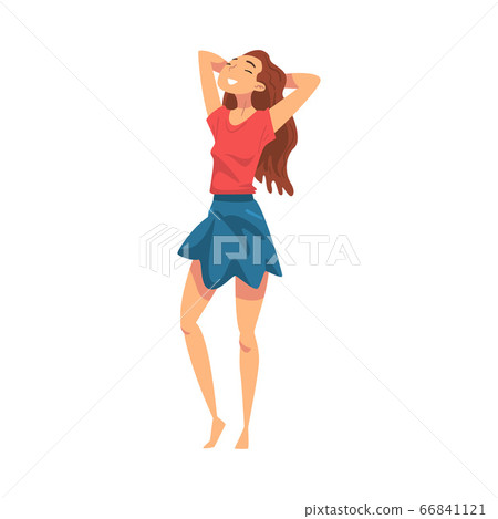Relaxed Young Woman Standing Throwing Hands Over Her Head, Lounging Female Character Enjoying Her Leisure Vacation, Summer Holidays and Traveling Cartoon Vector Illustration 66841121