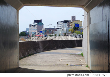 A view of the hot spring town over the exit of the connecting passage that goes under the bridge... Matsue City, Shimane Prefecture (sunny) 66841978