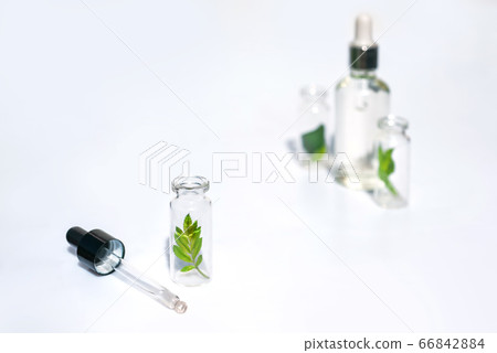 Bottles with herbs, natural essential oil, organic cosmetics on white background Bottles with herbs, natural essential oil, organic cosmetics on white background 66842884