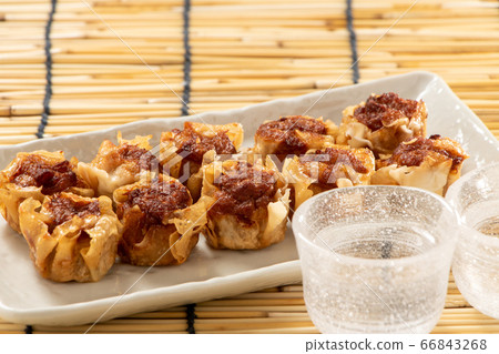 Fried Shumai arranged on a plate. Image of summer sake (cold sake) snacks. Fried Shumai arranged on a plate. Image of summer sake (cold sake) snacks. 66843268