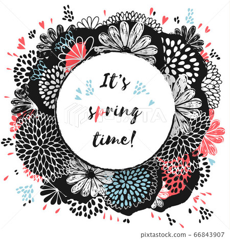 Vector circle frame on contrast background, made of doodle flowers. 66843907