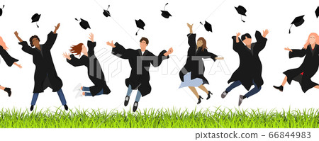 Seamless border with happy graduate students in graduation clothing jumping on the lawn and throwing the mortarboard high into the air. Flat vector pattern Seamless border with happy graduate students in graduation clothing jumping on the lawn and throwing the mortarboard high into the air. Flat vector pattern 66844983
