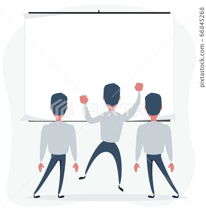 A group of people looking at an empty ad board or painting. 66845268