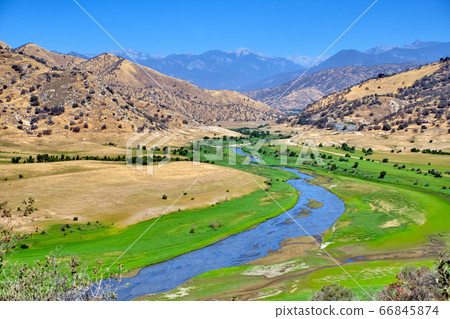 Mountain river valley landscape. River valley in mountains. 66845874