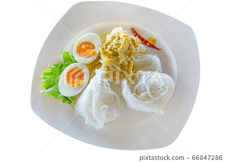 Rice Noodles with Crab Curry, on white plate, Rice Noodles with Crab Curry, on white plate, 66847286