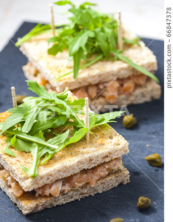 salmon tartare in toast bread 66847378