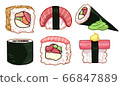 Collection, set of sushi illustrations. Cartoony tasty food 66847889