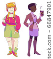Two women in modern outfits: one wearing bright clothes, headphones, backpack; second wearing dress, tall boots with heels and holding paper coffee cup. Colored version 66847901