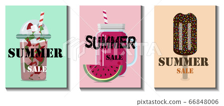 Flat vector illustration of a summer sale of goods. Advertising with ice cream, smothie, lemonade on a banner, website or flyer about 50 percent discounts on goods, products, and clothing during the 66848006