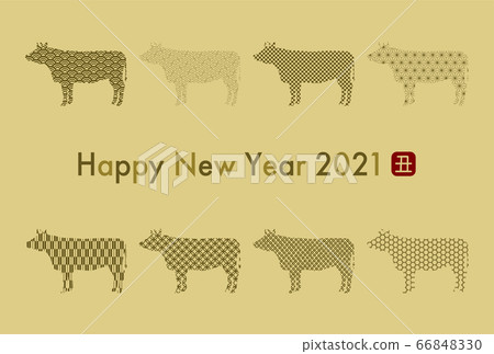 New Year's card: 2021 ox year Japanese pattern silhouette illustration gold New Year's card: 2021 ox year Japanese pattern silhouette illustration gold 66848330