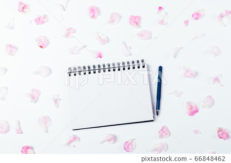 Flat lay empty notebook with pen among peony 66848462