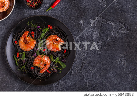 Italian pasta black spaghetti with shrimp and Italian pasta black spaghetti with shrimp and 66848898