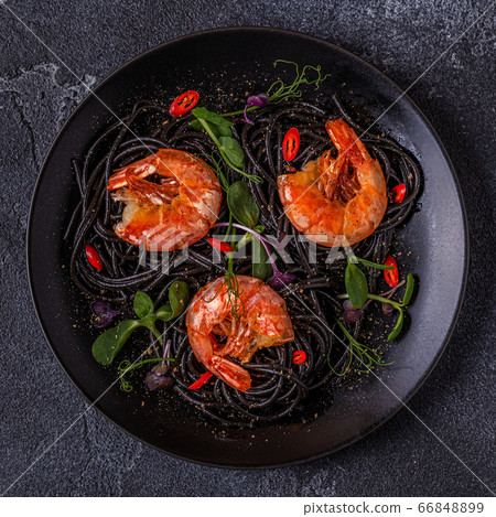 Italian pasta black spaghetti with shrimp and Italian pasta black spaghetti with shrimp and 66848899