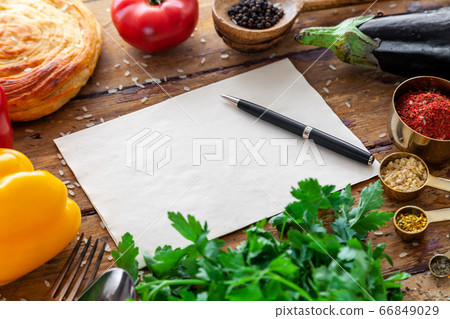 Pilaf ingredients on rustic surface with space for your recipe on paper Pilaf ingredients on rustic surface with space for your recipe on paper 66849029