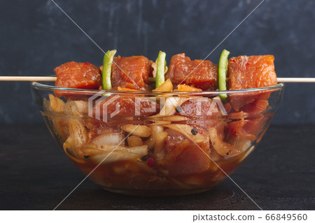 Pork marinated with onion and soy sauce on skewers Pork marinated with onion and soy sauce on skewers 66849560