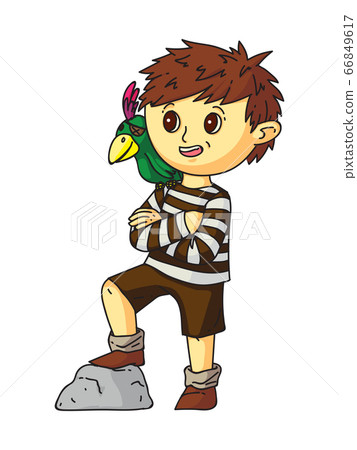 Boy pirate in t-shirt, shorts with parrot on white Boy pirate in t-shirt, shorts with parrot on white 66849617