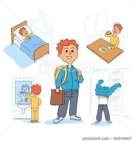 Cute boys daily morning cartoon routine scene set Cute boys daily morning cartoon routine scene set 66849667