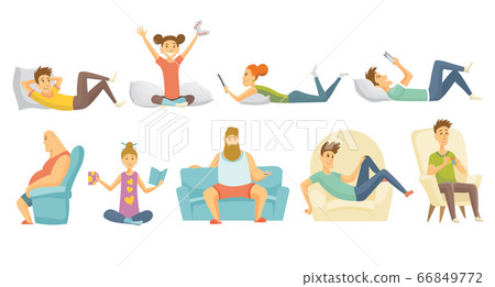 Collection of home leisure. Boys and girls rested at home in differint situations. Young people leisure time. Staying at home. Enjoyed leisure time alone 66849772