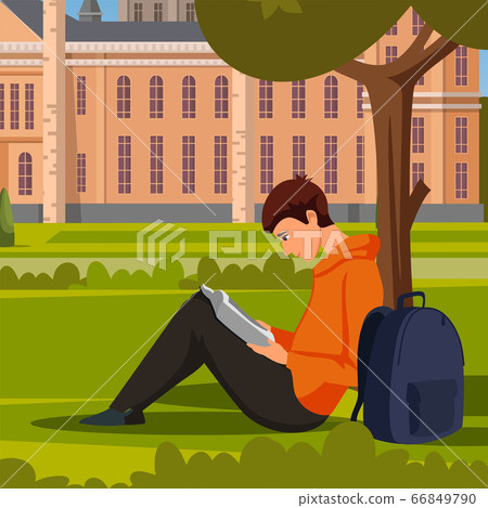 Student reading book in green university park 66849790