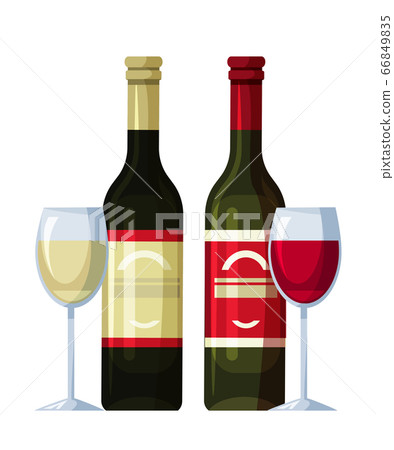 Two bottles of red and white wine and wineglasses Two bottles of red and white wine and wineglasses 66849835
