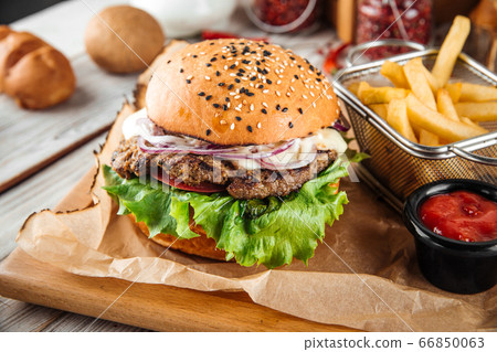 Appetizing american burger with fries and sauce 66850063