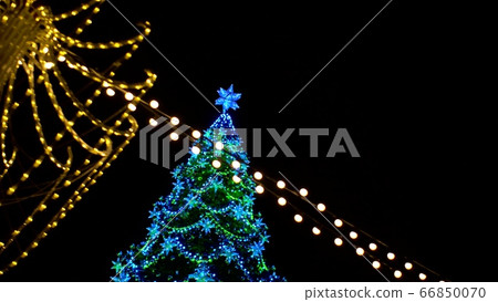 View of Christmas tree decorated large luminous multi-pointed blue stars and yellow balls through garland of yellow lights encircling city square View of Christmas tree decorated large luminous multi-pointed blue stars and yellow balls through garland of yellow lights encircling city square 66850070