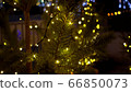 Small Christmas trees decorated with yellow luminous garlands near the ice rink at the Christmas market with blur 66850073