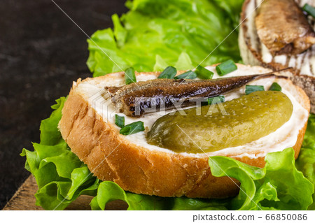 Sandwiches made of sprots and cucumbers on lettuce 66850086