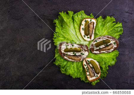 Four sandwiches with sprots and pickles on lettuce Four sandwiches with sprots and pickles on lettuce 66850088