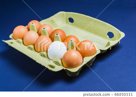 Close-up view from above, fresh eggs in box on blue background.  66850331
