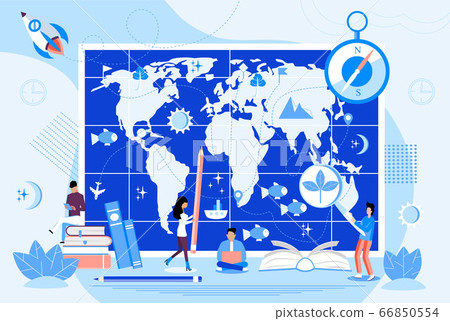 Atlas with metrics, compass, and oceans concept vector. Geographers study earth. Geography online and topography research illustration. Teacher in front of map in school or university.  66850554