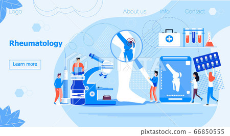 Rheumatology concept for website. Tiny rheumatologists treat rheumatism, osteoarthritis. Arthritis flat concept vector on the blue background for national healthcare day, week. 66850555