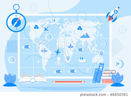 Atlas with metrics, compass, and oceans concept vector. Geographers study earth. Geography online and topography research illustration. Teacher in front of map in school or university.  66850561