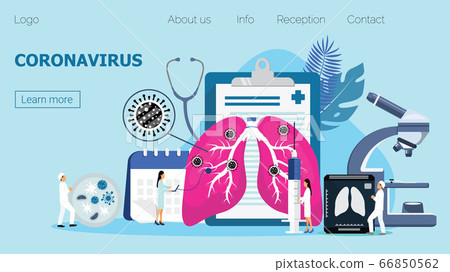 Coronavirus concept vector for landing page, banner, poster. Tiny doctors treat patient. Stop CoV sign. Resuscitation, lung ventilation to save an infected man. Pandemic situation, science research. 66850562