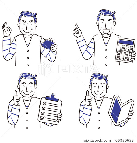 Hand-drawn 1color casual senior man 4 poses with items 66850652