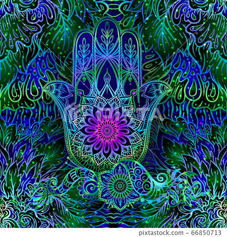 Seamless pattern with ornate hand drawn hamsa. 66850713