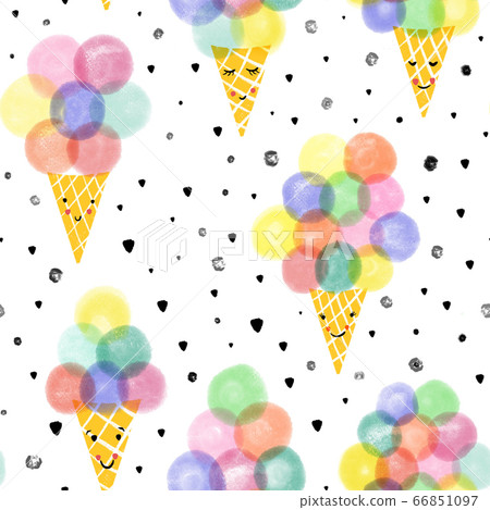 Ice cream waffle cones seamless pattern. Hand drawn cute ice cream with smiling faces repeating Ice cream waffle cones seamless pattern. Hand drawn cute ice cream with smiling faces repeating 66851097