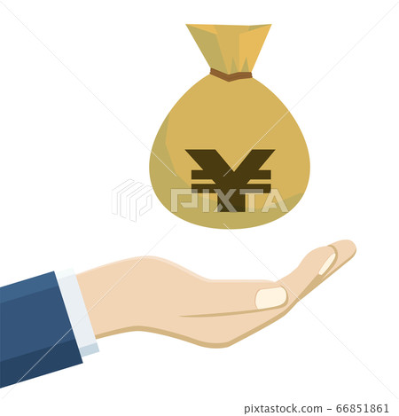 Illustration of a dollar bag yen bag floating on the palm of your hand | Image illustration of investment asset management finance 66851861