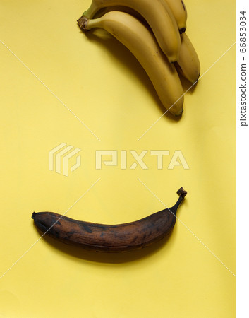one dark spoiled banana on and a bunch of fresh bananas on a bright background, top view with space one dark spoiled banana on and a bunch of fresh bananas on a bright background, top view with space 66853034