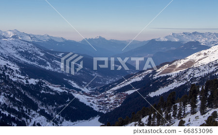 Meribel valley sunset view snowy mountain landscape France alpes Meribel valley sunset view snowy mountain landscape France alpes 66853096