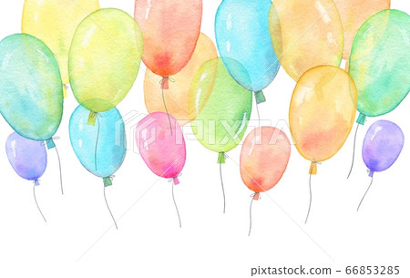 Watercolor banner with helium balloons on white background. Watercolor flying balloons illustration set. 66853285