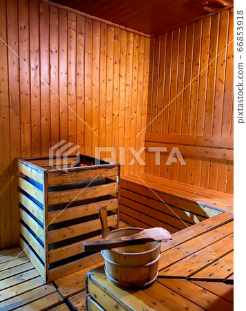 Sauna interior comfortable wooden room spa indoor 66853918