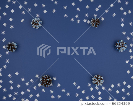 Snowy decorative cones and snowflakes on a blue background. 66854369