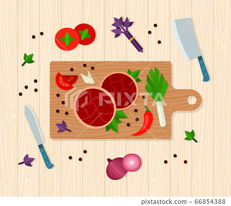 The process of cooking meat on cutting wooden board, with vegetables, top view vector illustration 66854388