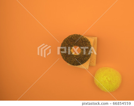 Different sponges for washing dishes on a orange background. Different sponges for washing dishes on a orange background. 66854559