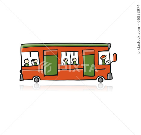Cute cartoon hand drawn red bus icon, city transport. Sketch for your design 66858974