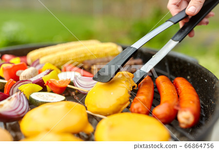 barbecue kebab meat and vegetables on grill barbecue kebab meat and vegetables on grill 66864756