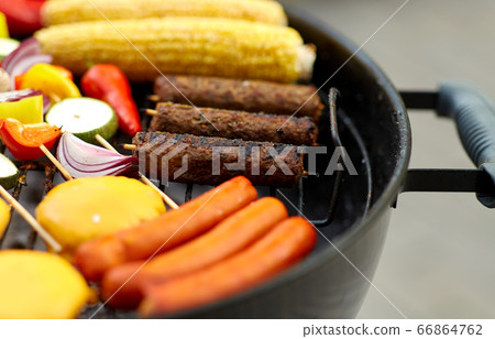 barbecue kebab meat and vegetables on grill barbecue kebab meat and vegetables on grill 66864762