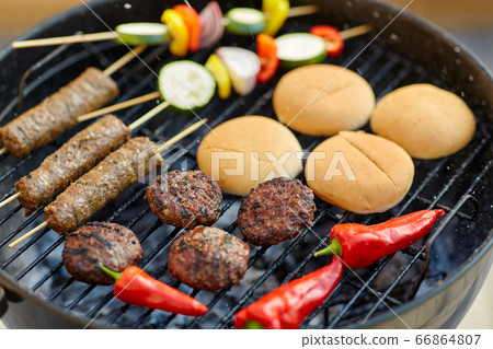 barbecue kebab meat and vegetables on grill barbecue kebab meat and vegetables on grill 66864807