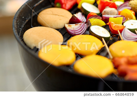 barbecue kebab meat and vegetables on grill barbecue kebab meat and vegetables on grill 66864859